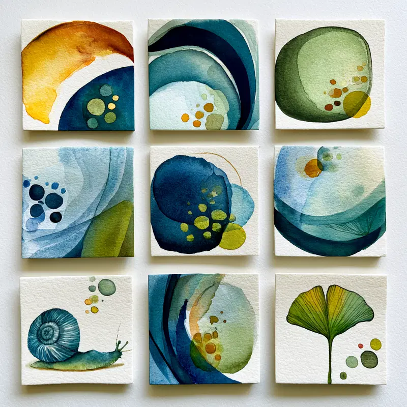 Collection of small watercolor paintings in abstract and nature themes