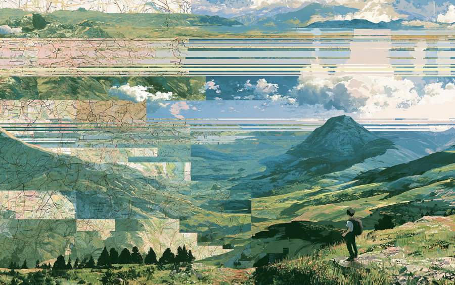 A digital painting showing a landscape of mountains, green hills, and a cloudy sky with a person standing on a grassy hill. The image features glitch-like patches and segments blending map textures with natural scenery.