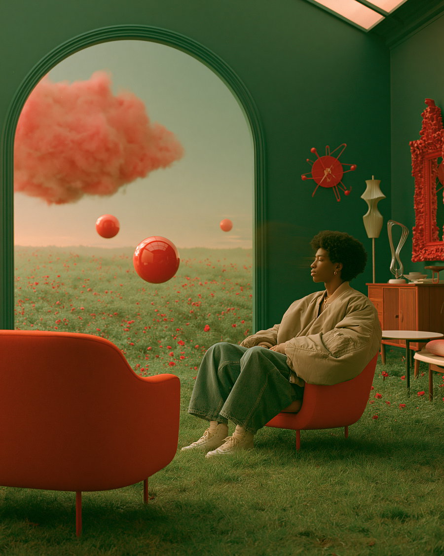 A person sitting in a red chair inside a green room with grass floor, facing a large archway showing a field with red flowers, floating red spheres, and a red cloud outside