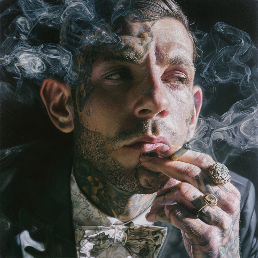 Highly detailed portrait painting of a tattooed man in a suit smoking a cigarette with smoke swirling around his head and fingers adorned with rings