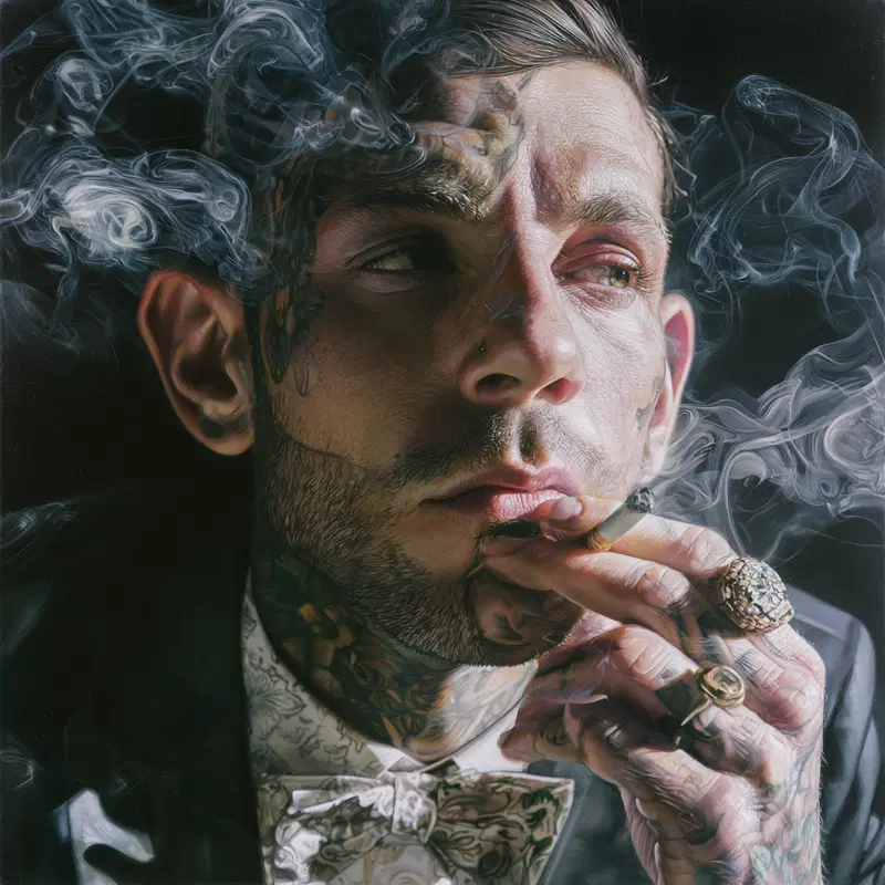 Detailed artistic portrait of tattooed man smoking surrounded by swirling smoke