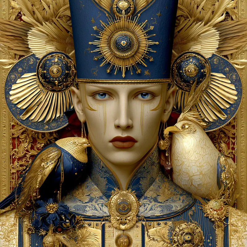Intricately Detailed Artistic Portrait with Gold and Blue Ornamental Headdress