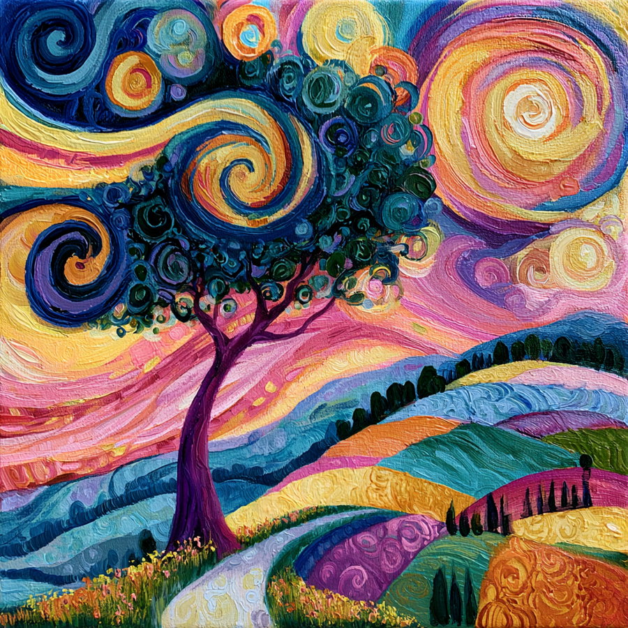 Acrylic painting featuring a tree with swirling branches against a multi-colored sky with swirling patterns, rolling patchwork hills, and vibrant color fields