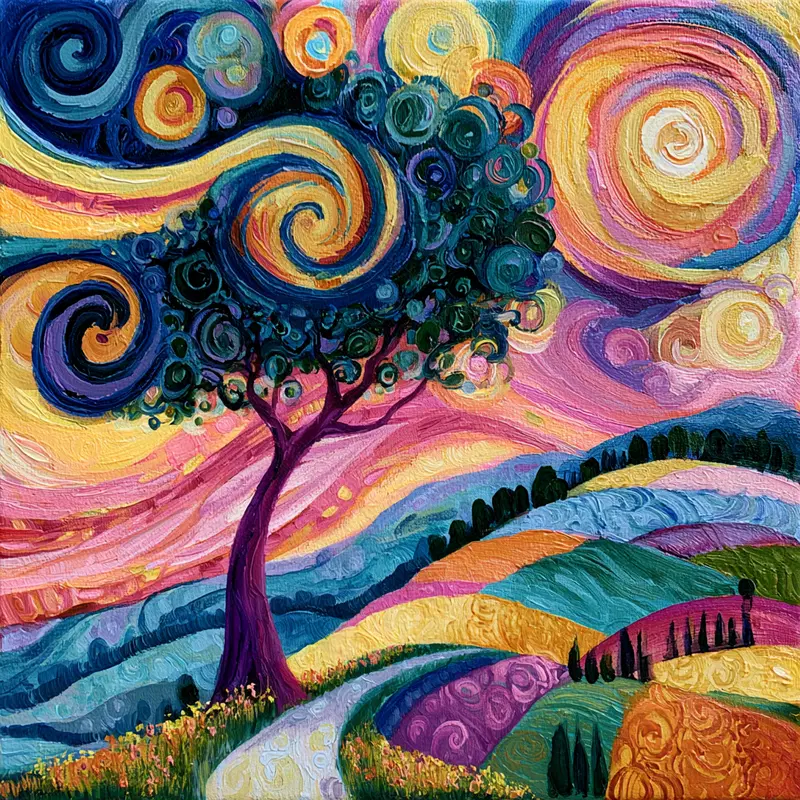 Colorful acrylic painting of a swirling tree under a vibrant sky