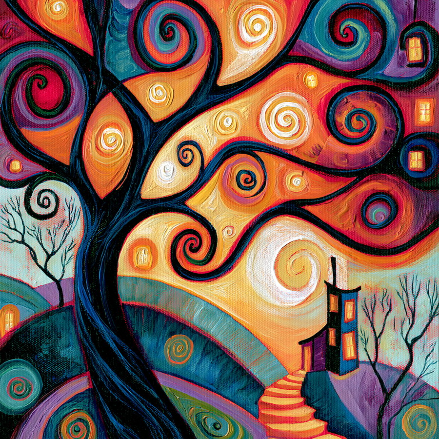 A vibrant abstract painting featuring a large tree with swirling branches in bold colors, a staircase leading to a small illuminated house, and a background with abstract hills and bare trees.
