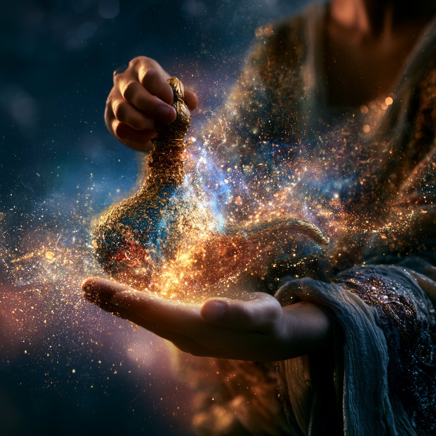Close-up of hands holding an intricately designed lamp emitting vibrant glowing particles and sparkles in a dark, mystical atmosphere