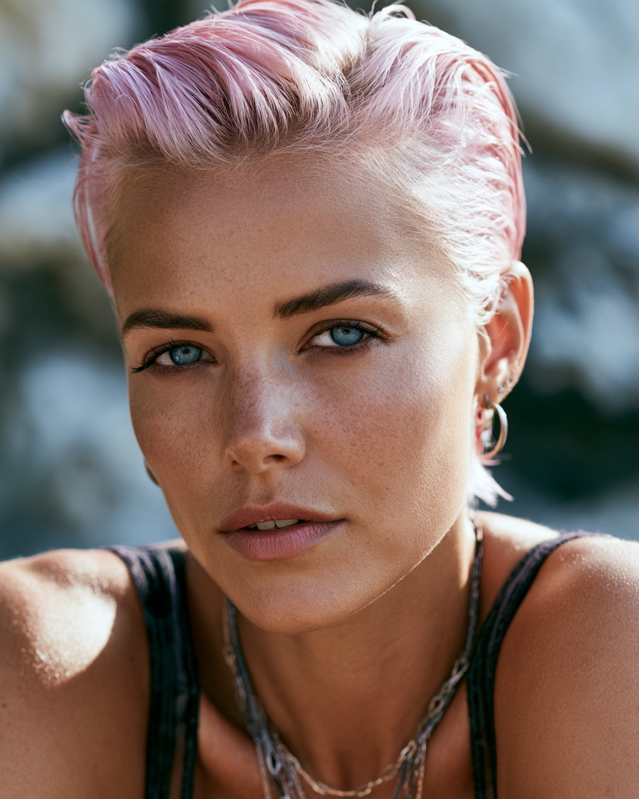 A close-up photograph of a woman with short pink hair, blue eyes, wearing silver earrings and layered necklaces, with a blurred natural background