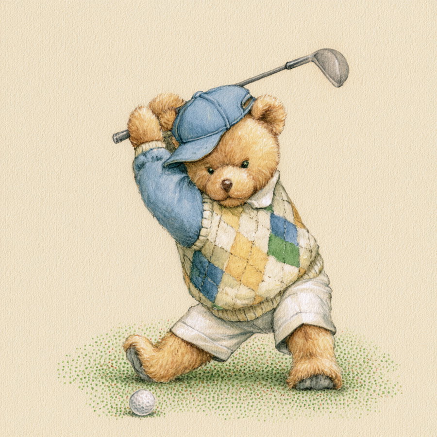 A watercolor painting of a teddy bear wearing a blue cap, an argyle sweater vest, and shorts, swinging a golf club towards a golf ball on the grass.