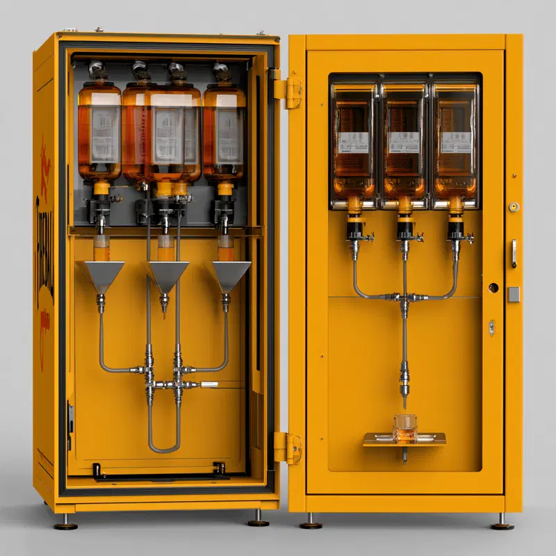 Conceptual design of a mechanical dispenser with bottles and funnels inside a yellow cabinet