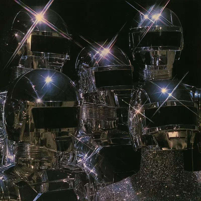 Shiny robotic helmets in a group under sparkling lights