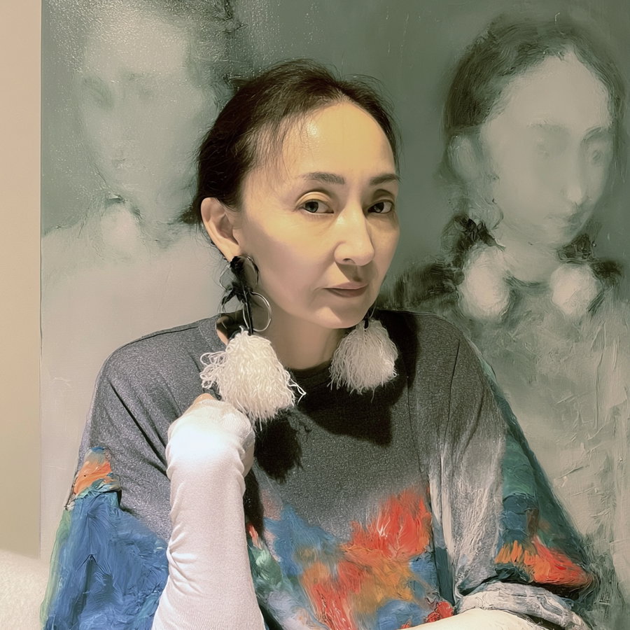 A woman with dark pulled-back hair wearing white textured earrings and a colorful top poses thoughtfully against a backdrop featuring two abstract painted figures in soft, muted colors