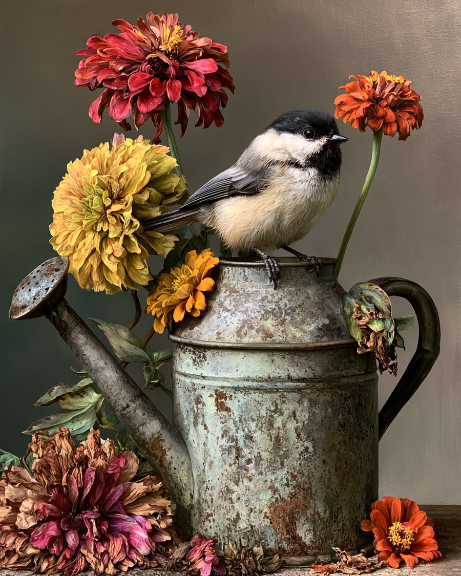 A detailed illustration showing colorful, detailed flowers surrounding and inside a rusty watering can with a small bird perched on the rim.