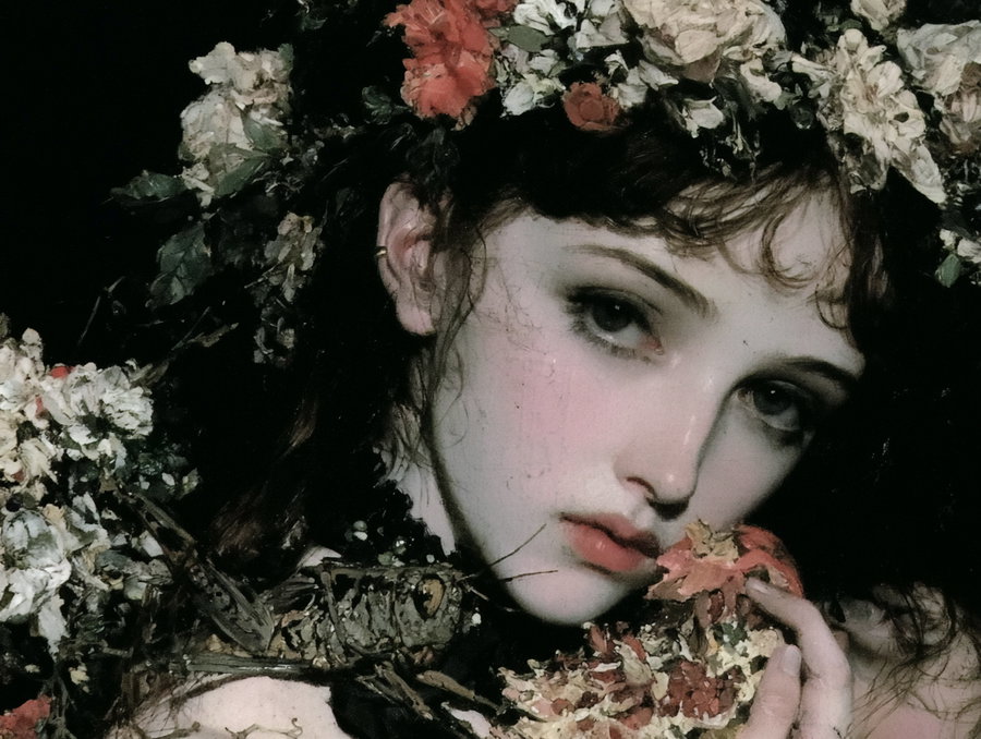 Close-up of a young woman with pale skin, dark hair, and flowers on her head and around her shoulders, holding a dried flower near her face, with a large insect on her shoulder