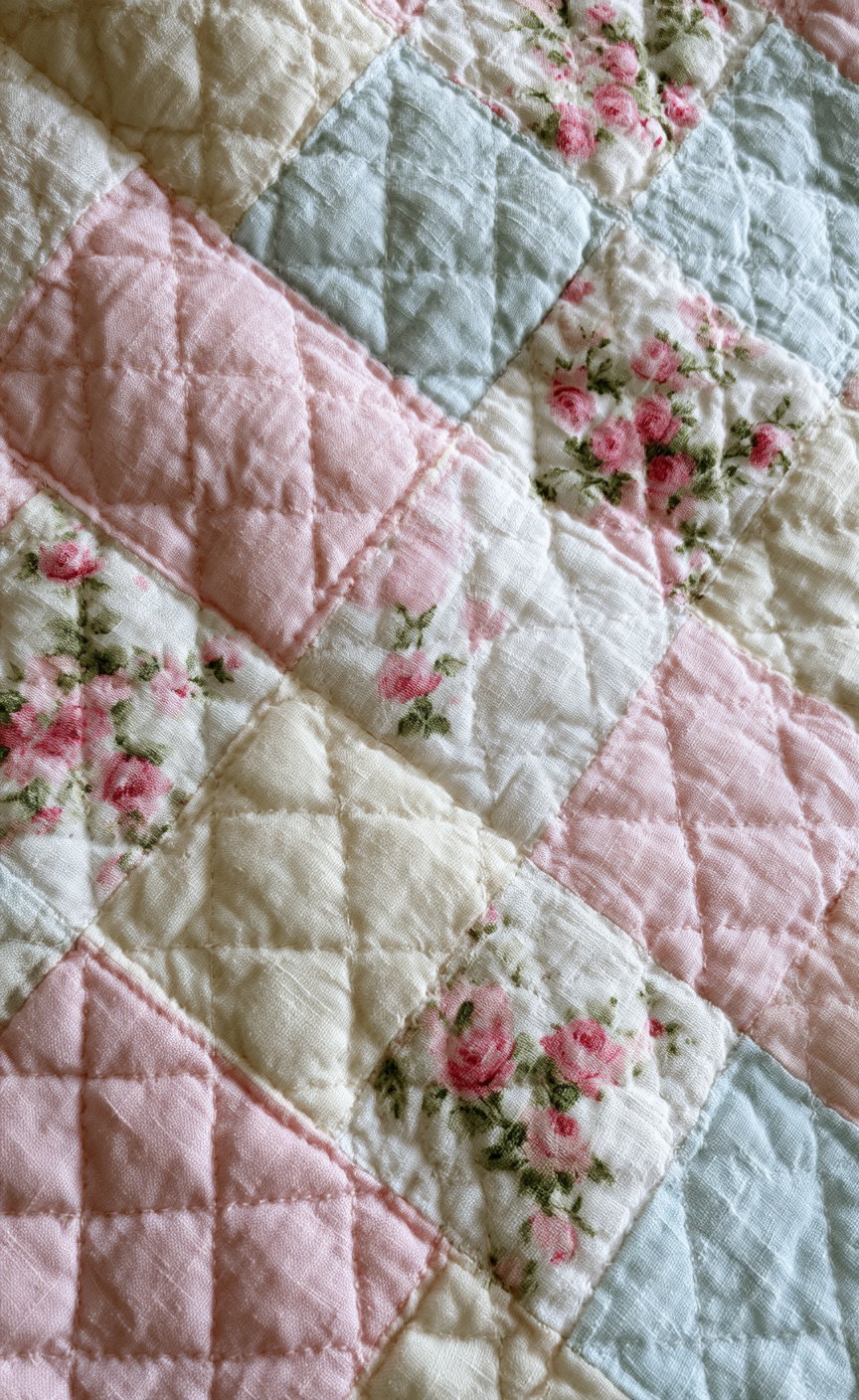 A close-up image of a quilt with a patchwork design in pastel colors including pink, cream, and light blue with floral motifs and diamond quilting stitches.