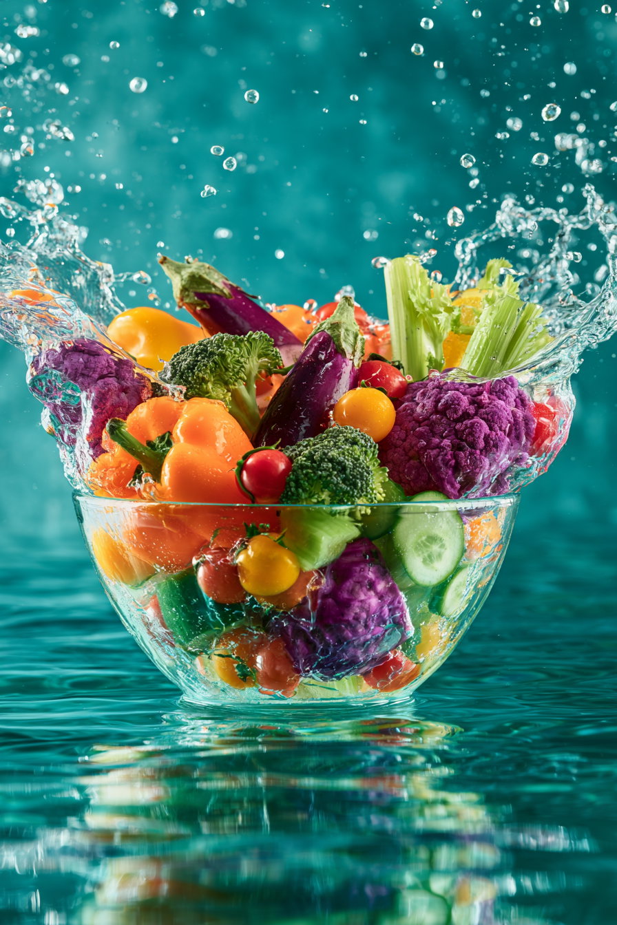 A variety of fresh vegetables including broccoli, eggplant, cherry tomatoes, yellow bell pepper, celery, purple cauliflower, and cucumber slices splashing in a clear glass bowl filled with water against a turquoise background