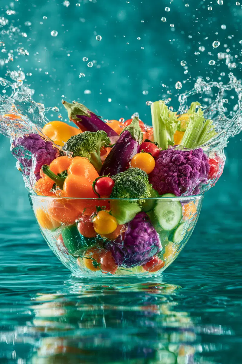 Vibrant splash of fresh assorted vegetables in a glass bowl with water