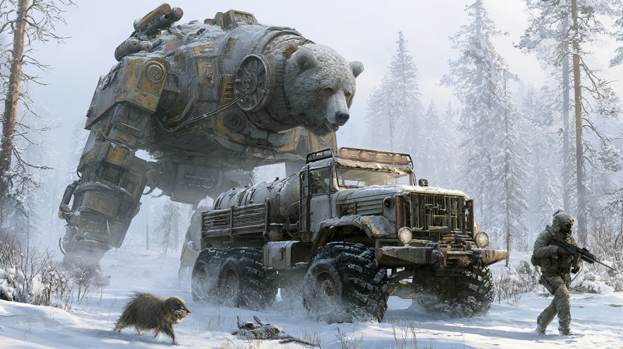 A snowy forest landscape with tall pine trees, a large mechanical bear with a rusty, industrial design, an old rugged truck covered in snow, a soldier aiming a rifle, and a small furry animal walking on the snow