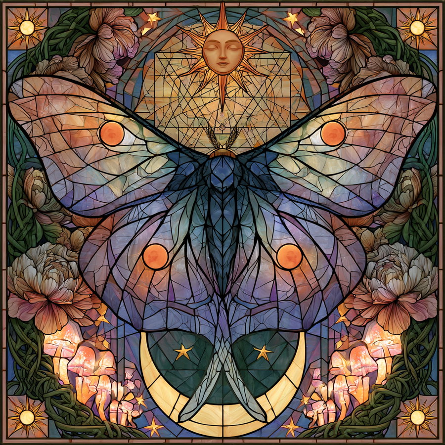 A stained glass design of a large butterfly with wings patterned in warm tones, surrounded by flowers, mushrooms, crescent moon, stars, and multiple sun motifs with a geometric background