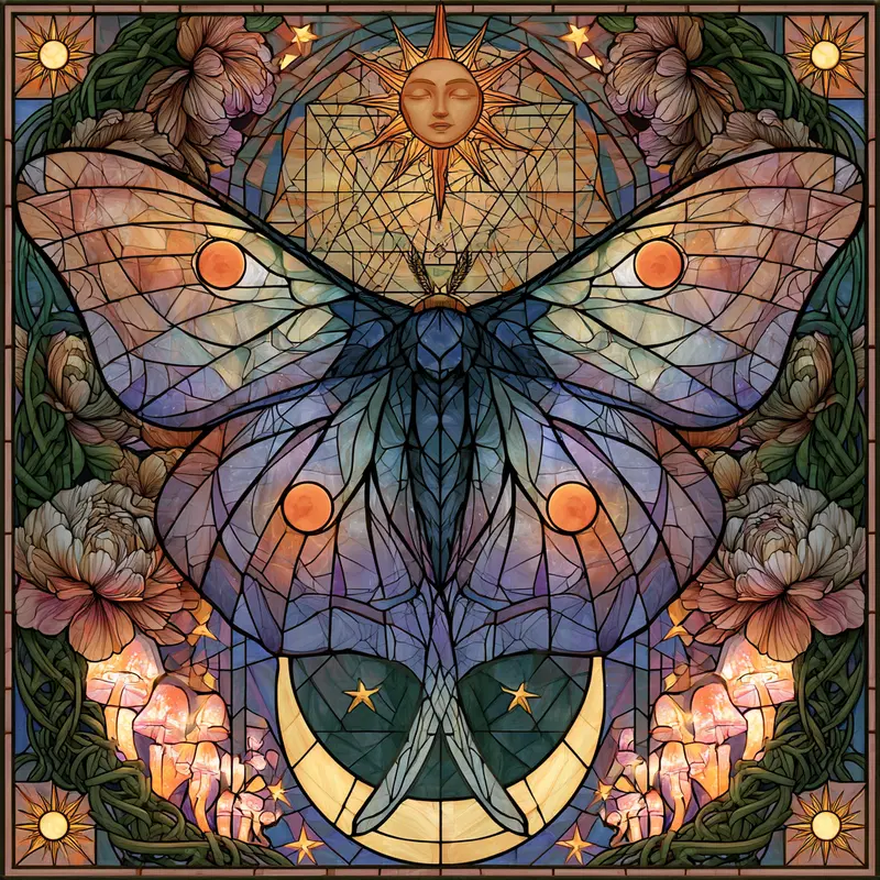 Stained glass style artwork featuring a butterfly with celestial elements