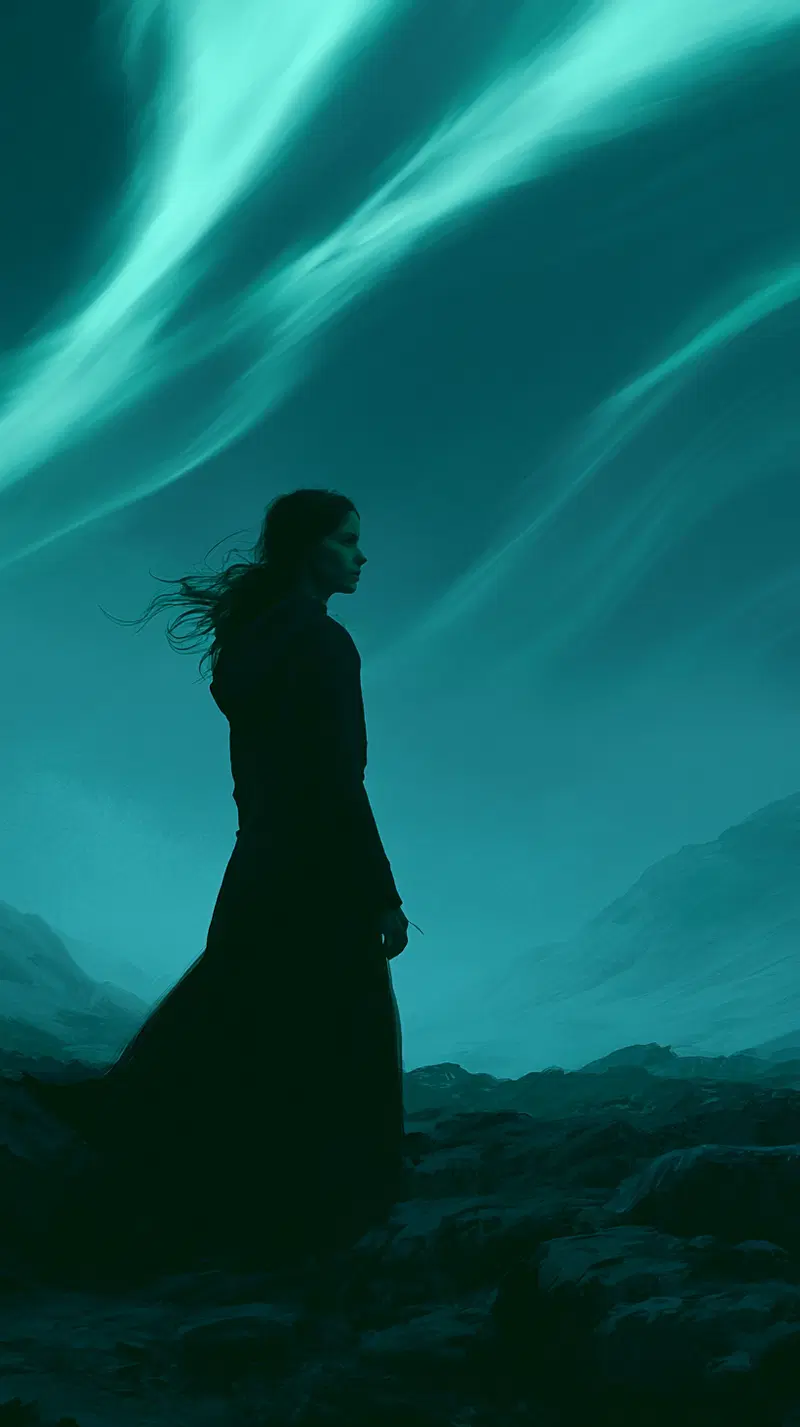Dark moody artistic portrait of woman standing against surreal landscape