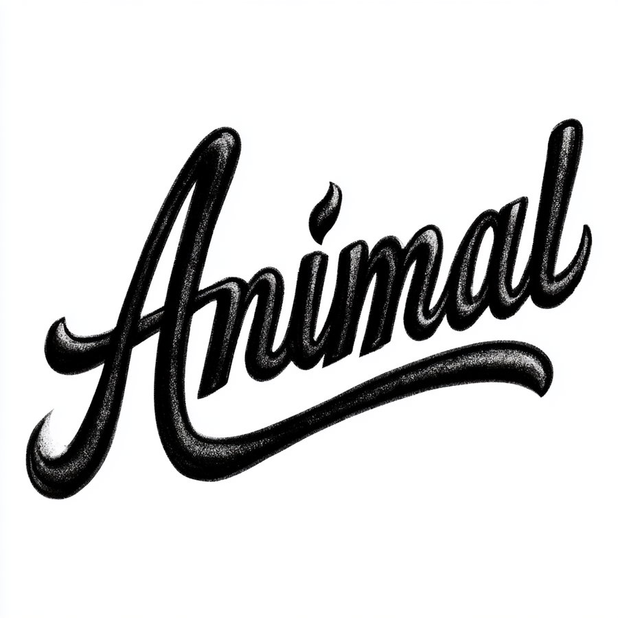 Black textured hand lettering script that spells the word Animal on a white background