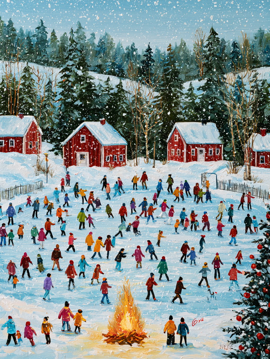 Painting depicting a large group of people ice skating on a snow-covered frozen lake surrounded by snow-covered pine trees and red wooden houses with snow on the roofs, with a small bonfire and a decorated Christmas tree in the foreground.