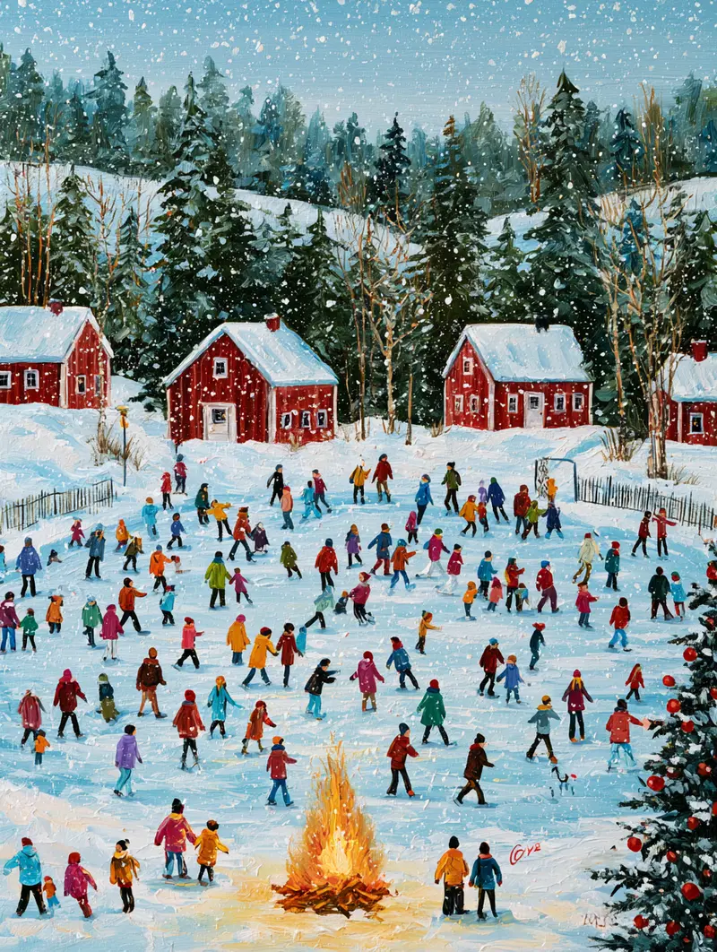 Winter Scene of People Ice Skating on a Snowy Frozen Lake