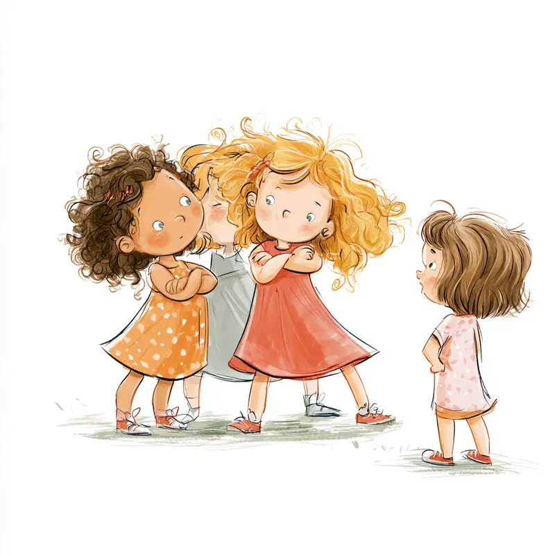 Illustration of children standing with arms crossed in a playful group