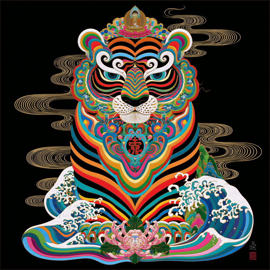 A vibrant and stylized illustration of a tiger with multiple rainbow-colored stripes, sitting amidst waves and floral elements, with a small depiction of Buddha on the tiger's head against a black background