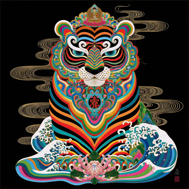 Colorful Chinese style depiction of a tiger surrounded by waves and clouds