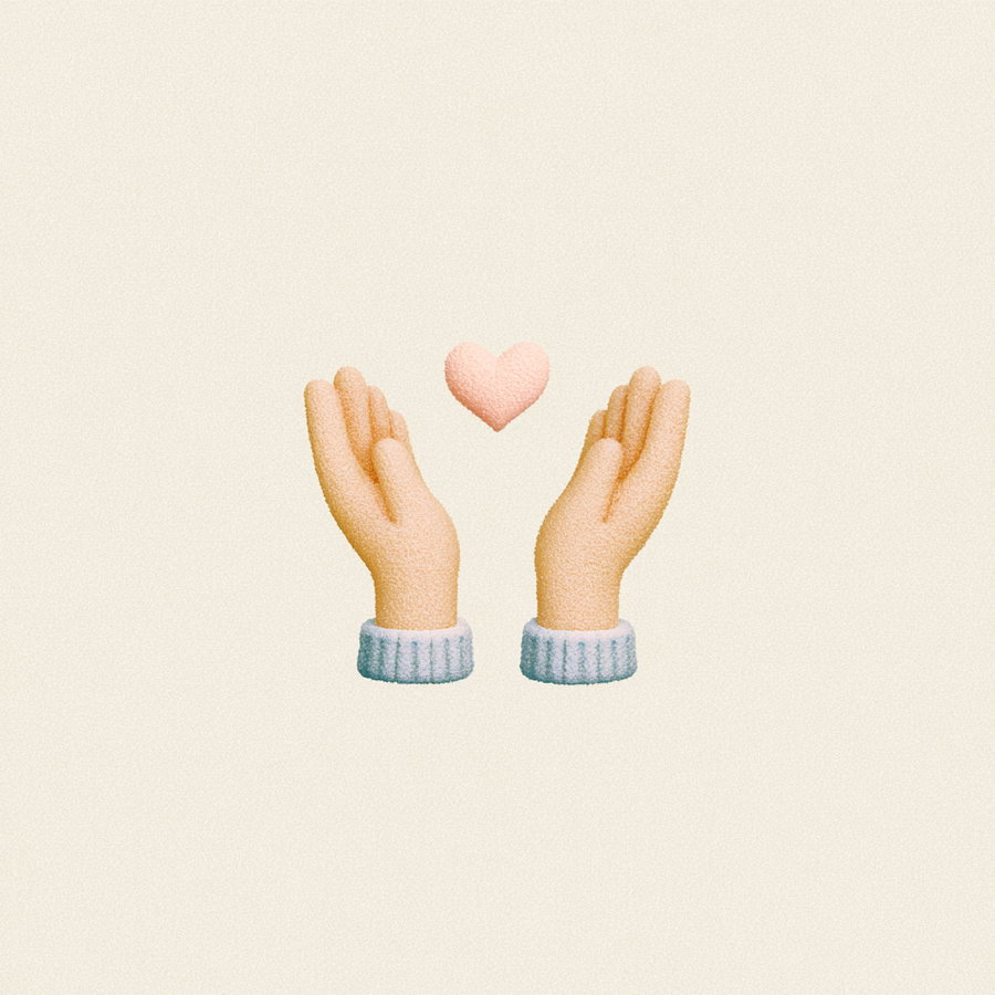 Digital illustration of two hands raised with a small pink heart floating between them on a beige background