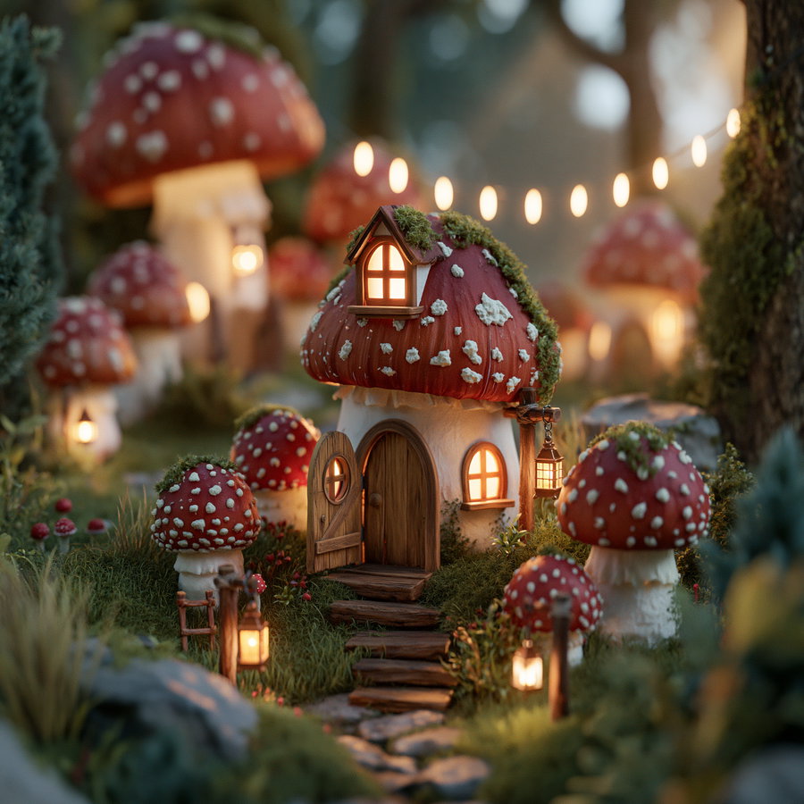 Fantasy scene showcasing small mushroom-shaped houses with glowing windows and lanterns along a stone path surrounded by grass and other mushrooms.