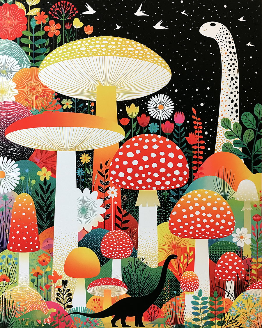 Illustration of large spotted mushrooms surrounded by various colorful flowers and plants with two dinosaur silhouettes and white birds flying in a starry black sky.