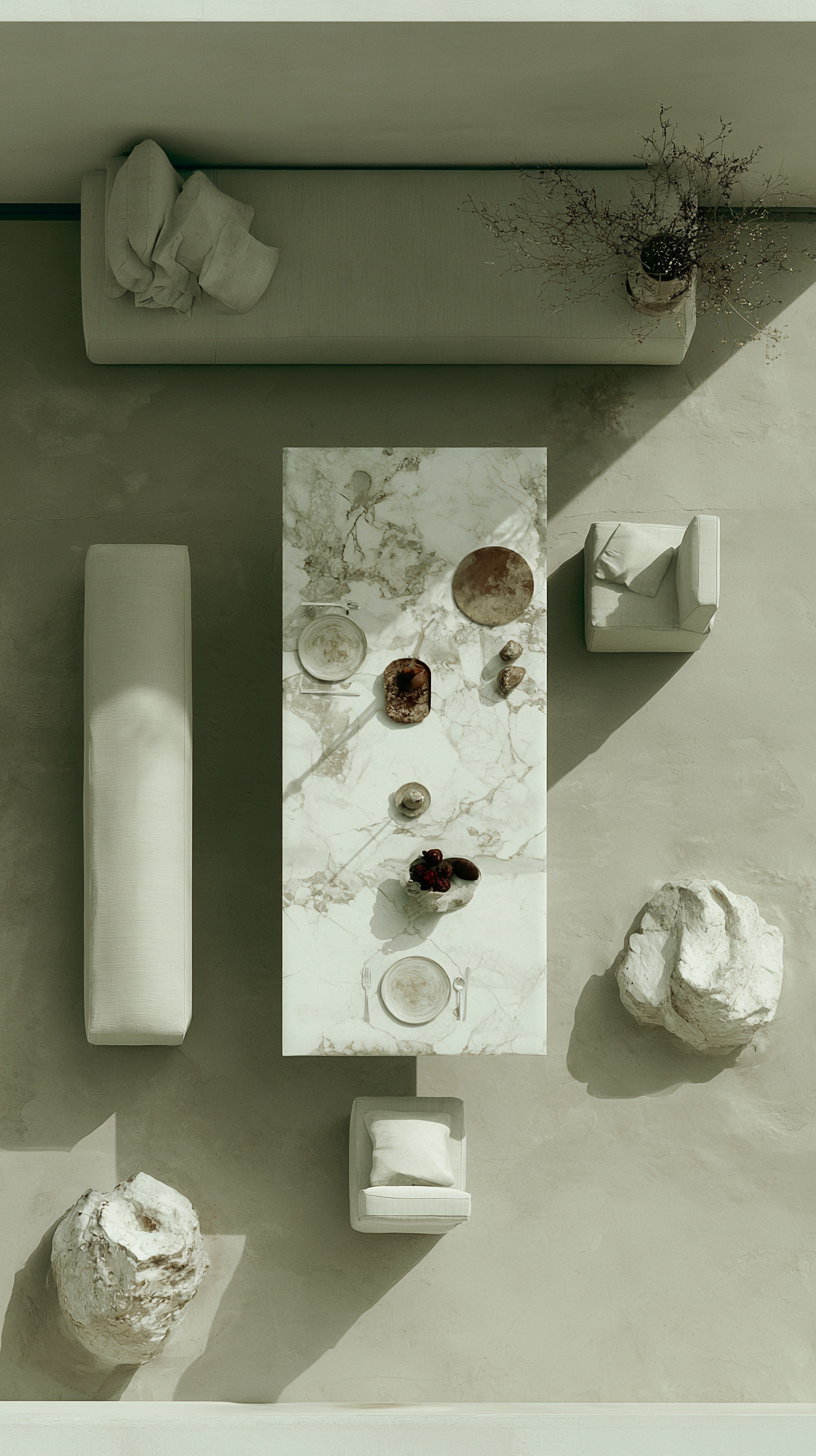 Top view of a minimalist dining area featuring a rectangular marble table set with plates and utensils, cushioned benches and armchairs, alongside decorative plants and large stone sculptures on a smooth floor