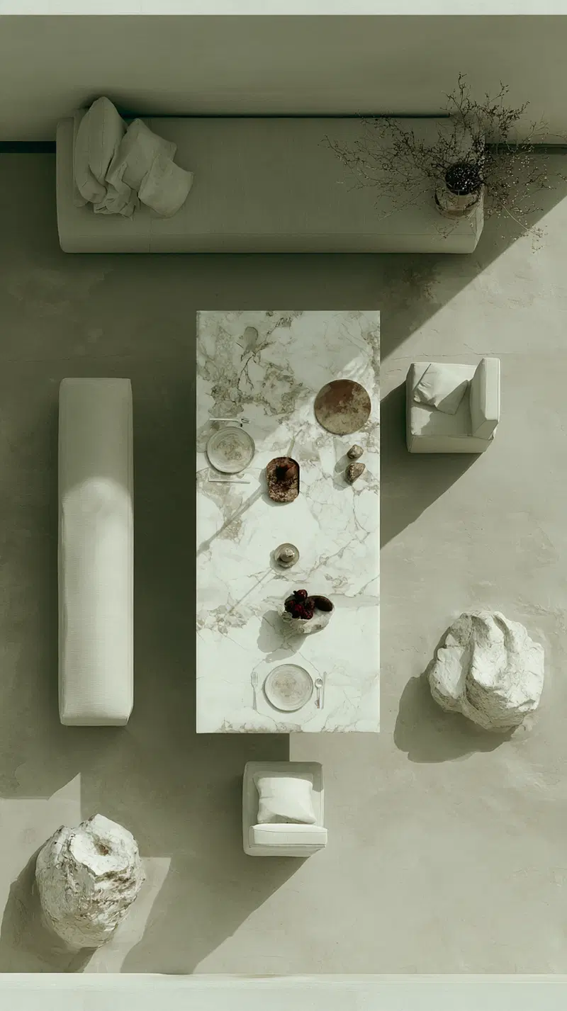 Minimalist dining space with marble table and modern seating viewed from above
