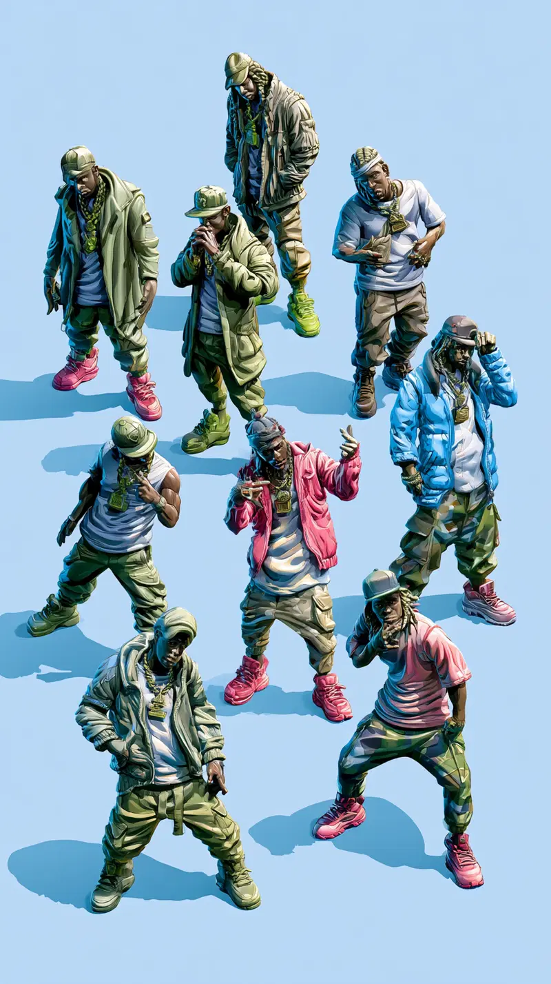 Digital illustration of multiple stylized men in urban streetwear poses