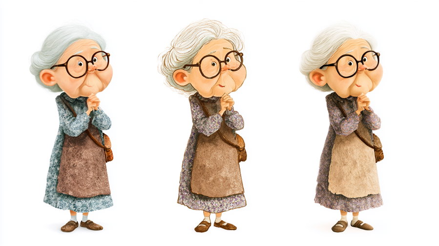 Three digital illustrations of an elderly woman with white hair, large black glasses, a floral dress, and an apron, each with subtle differences in texture and color.