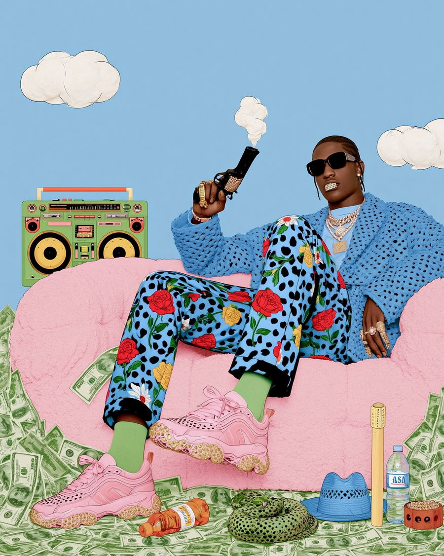 A stylized image of a dark-skinned man wearing sunglasses, gold jewelry, a blue textured jacket, and floral patterned pants seated on a pink couch surrounded by scattered money, a green snake, a bottle, a blue hat, a bat, and holding a smoking gun with cartoon clouds against a blue background