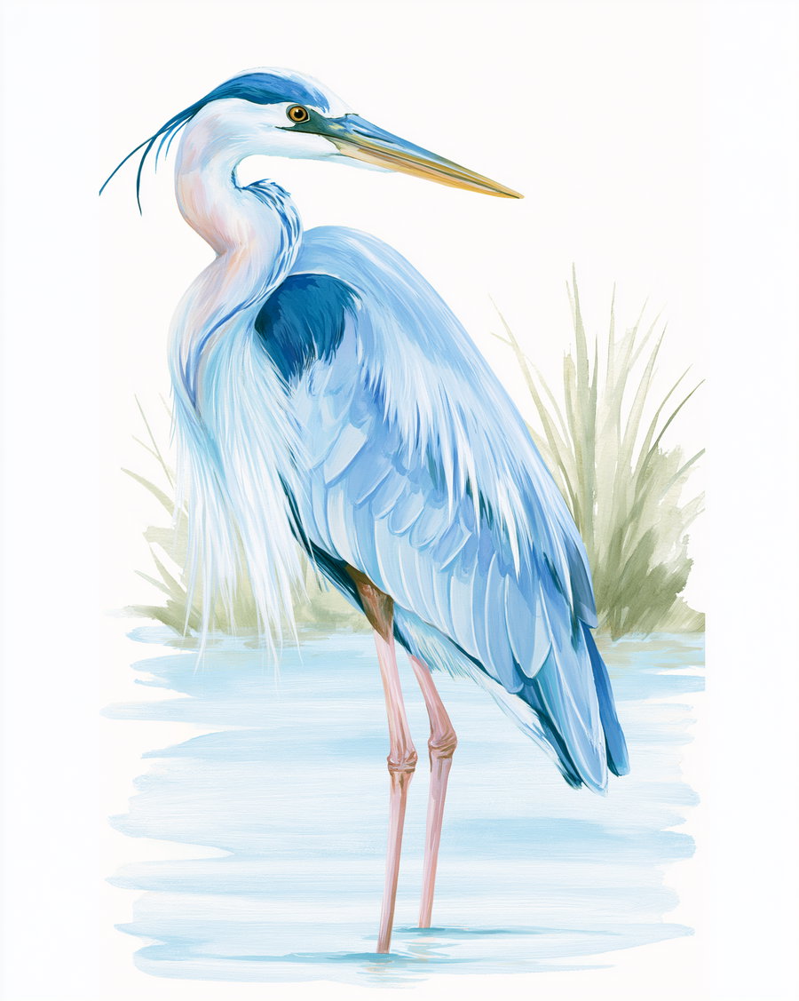Watercolor painting of a blue heron standing in shallow water with green reeds in the background