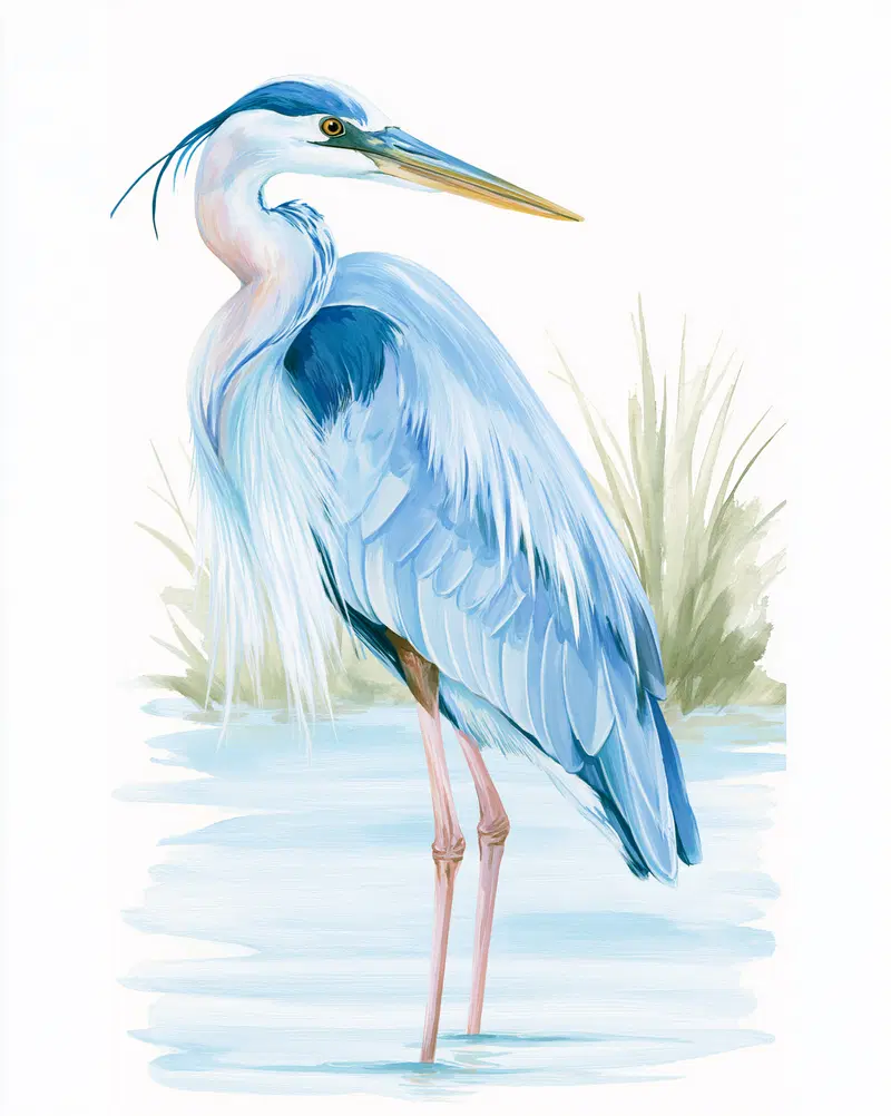 Watercolor Illustration of a Blue Heron Standing in Water with Reeds
