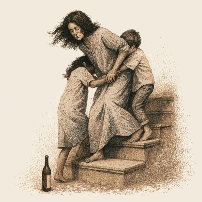 Emotional sepia tone illustration of a woman being comforted by children on stairs