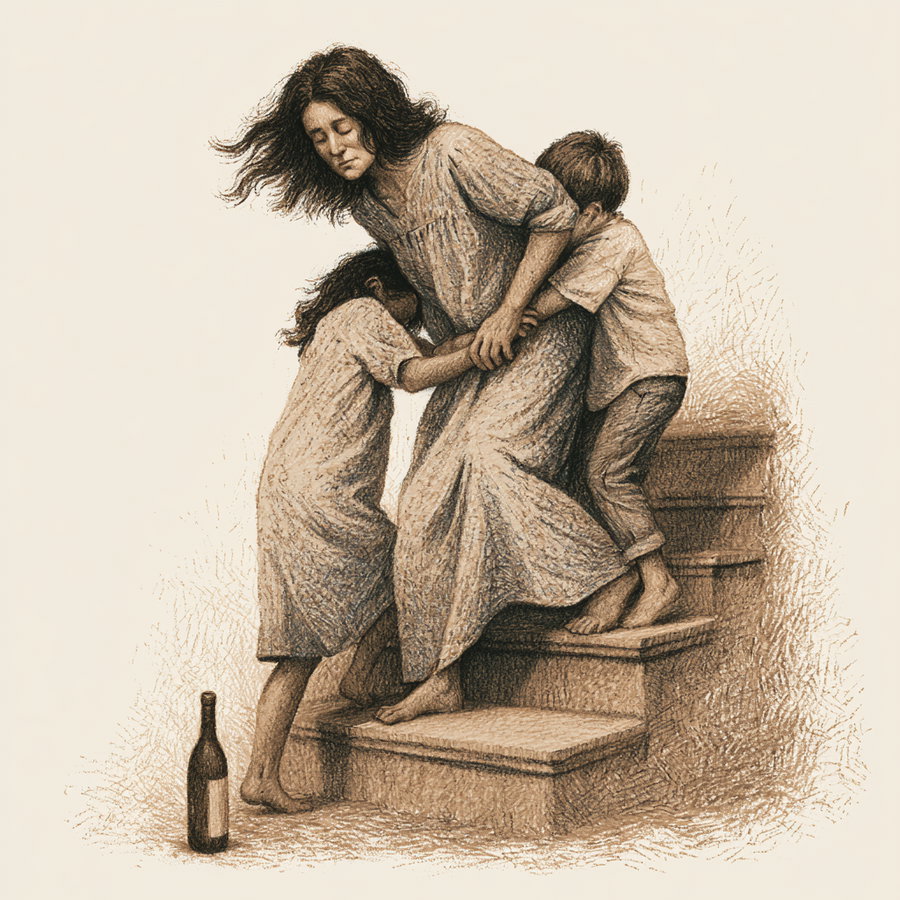 A sepia-toned illustration showing a woman in a long dress standing on stairs, supported by two children holding onto her, with a bottle on the ground nearby