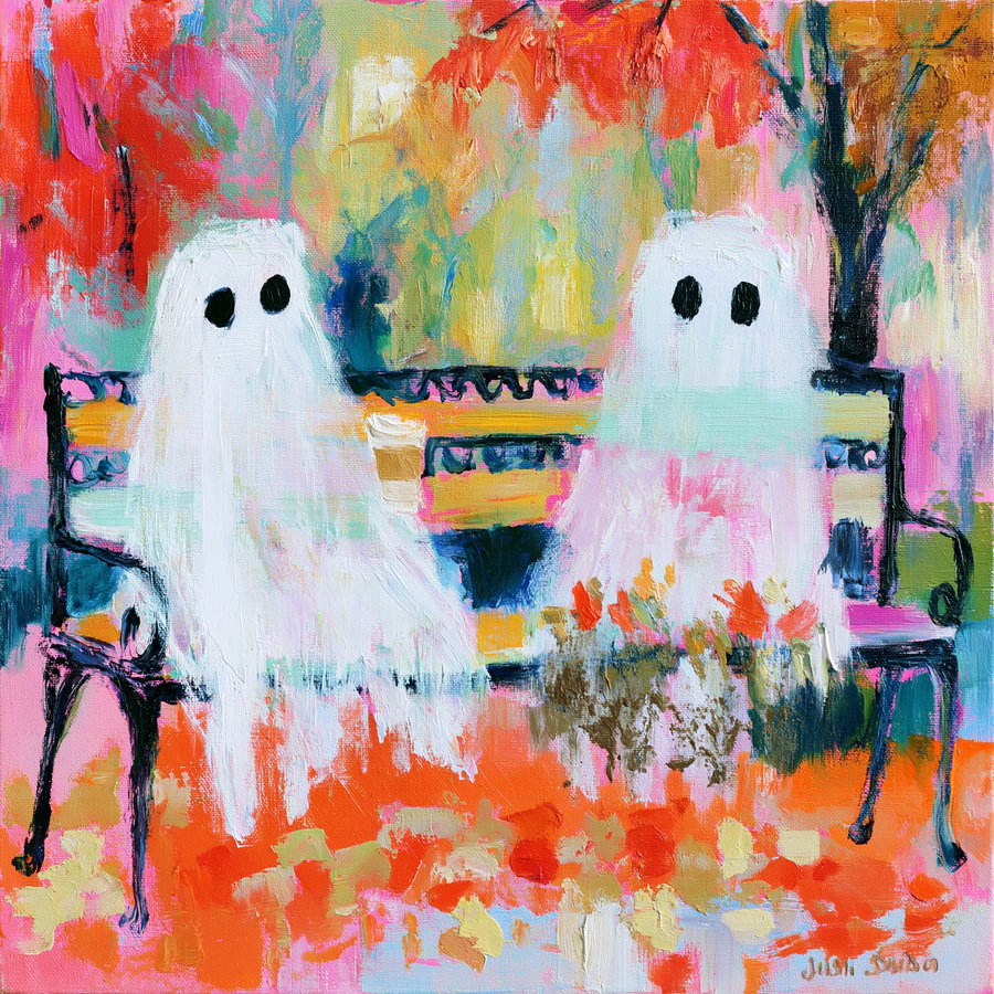 An acrylic painting depicting two white ghost figures with black eyes sitting on a bench amidst vibrant, abstract autumn foliage and scattered leaves.
