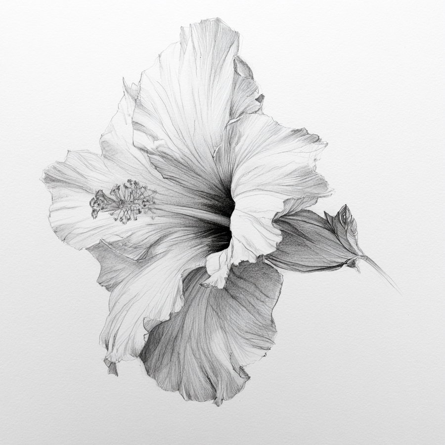 A monochrome pencil drawing of a hibiscus flower with intricate shading and detailed petals