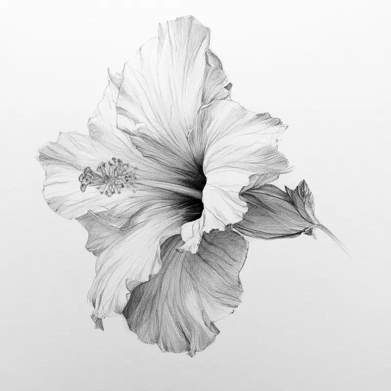 Detailed pencil botanical illustration of a hibiscus flower in grayscale