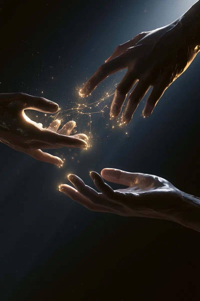 Digital concept art of human hands connected by glowing golden threads in darkness