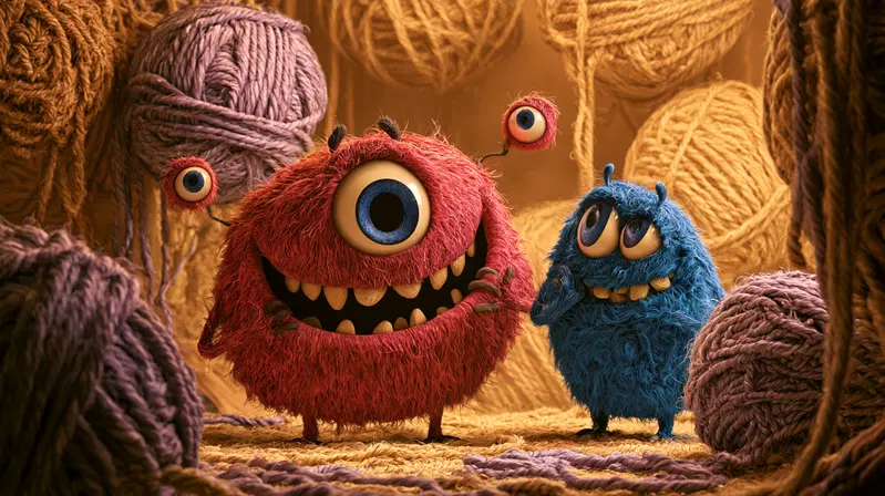 Cute Furry Cartoon Monster Characters Surrounded by Yarn Balls