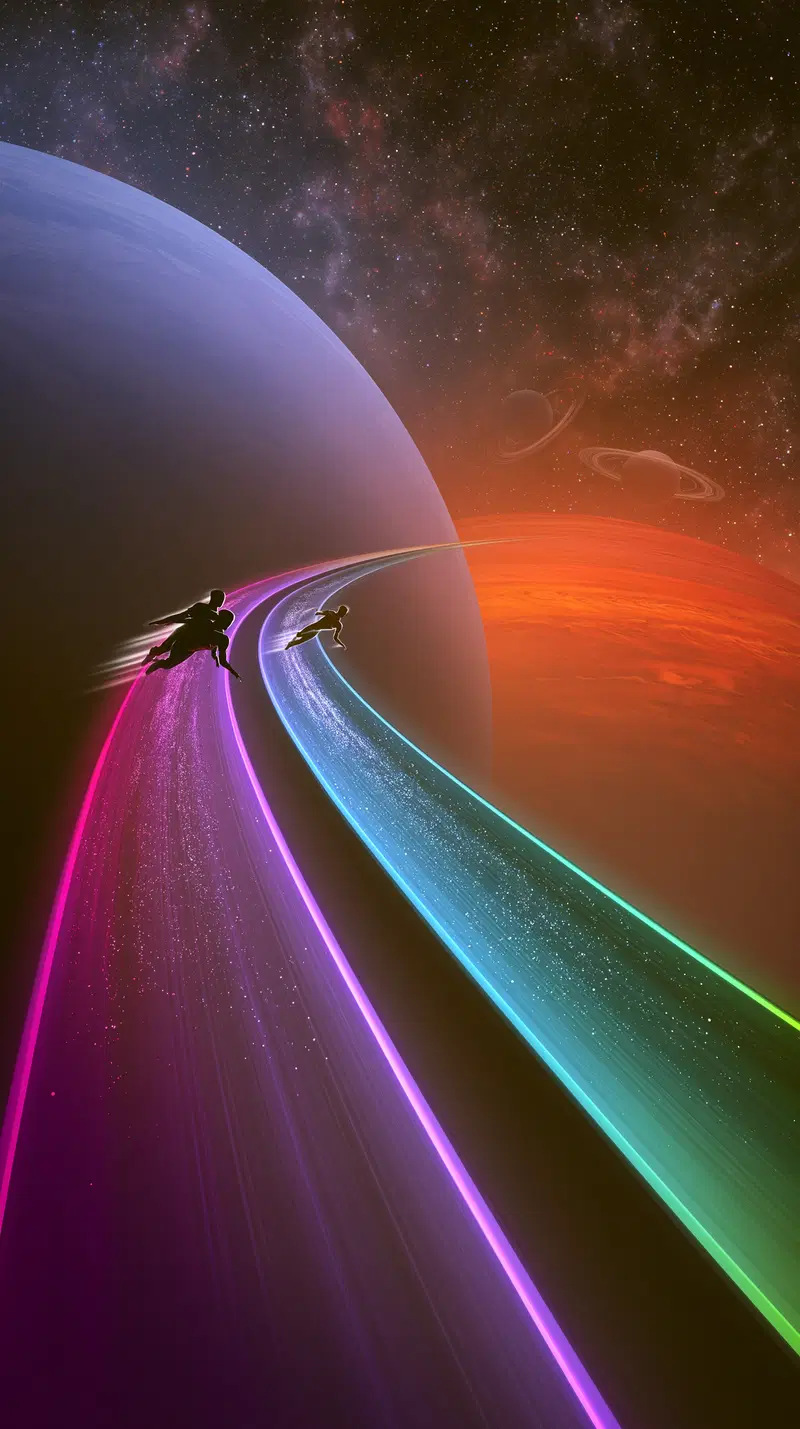 Futuristic cosmic scene with glowing trails around gas giant planets