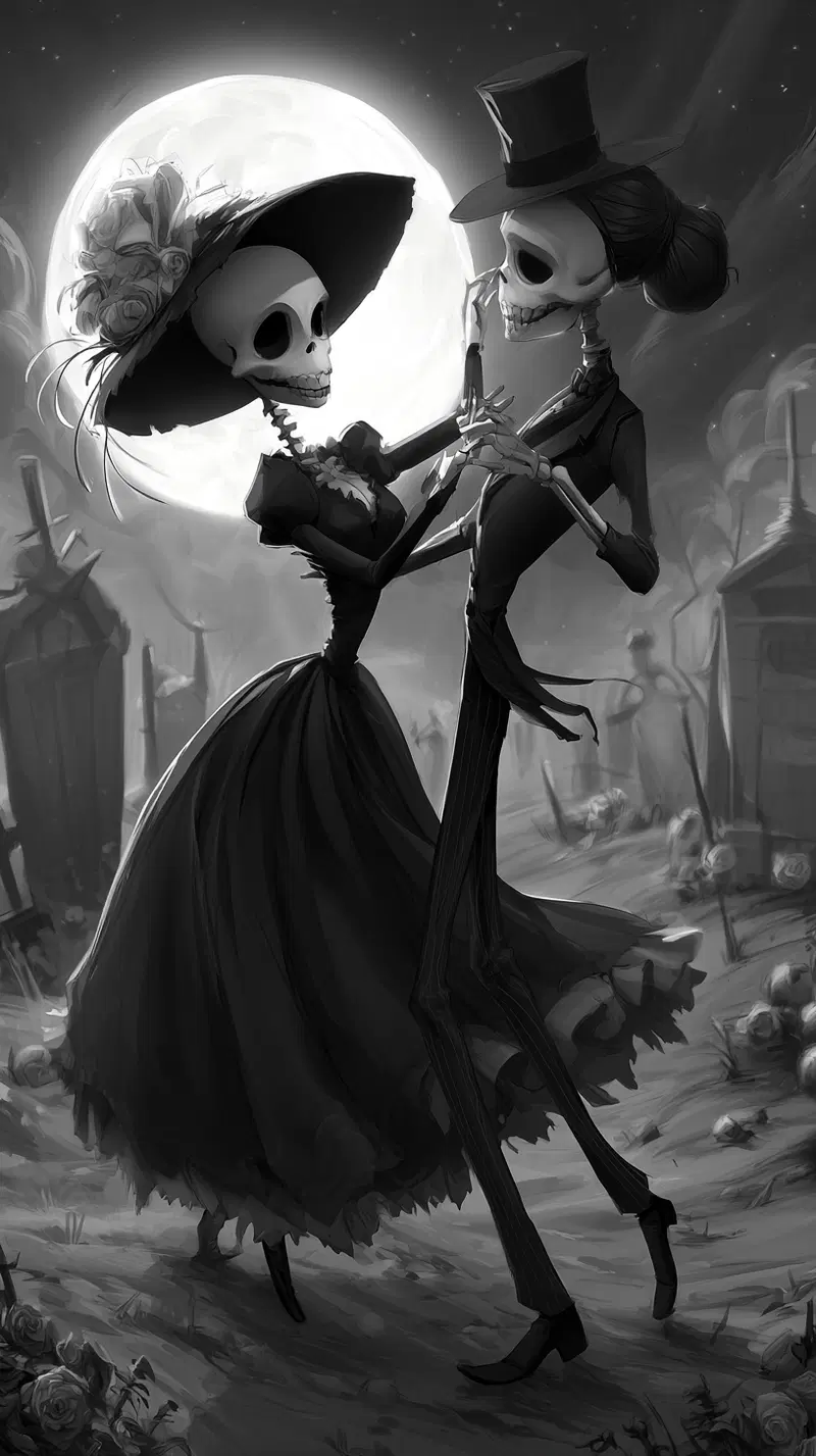 Monochrome artistic portrait of skeleton couple dancing under full moon