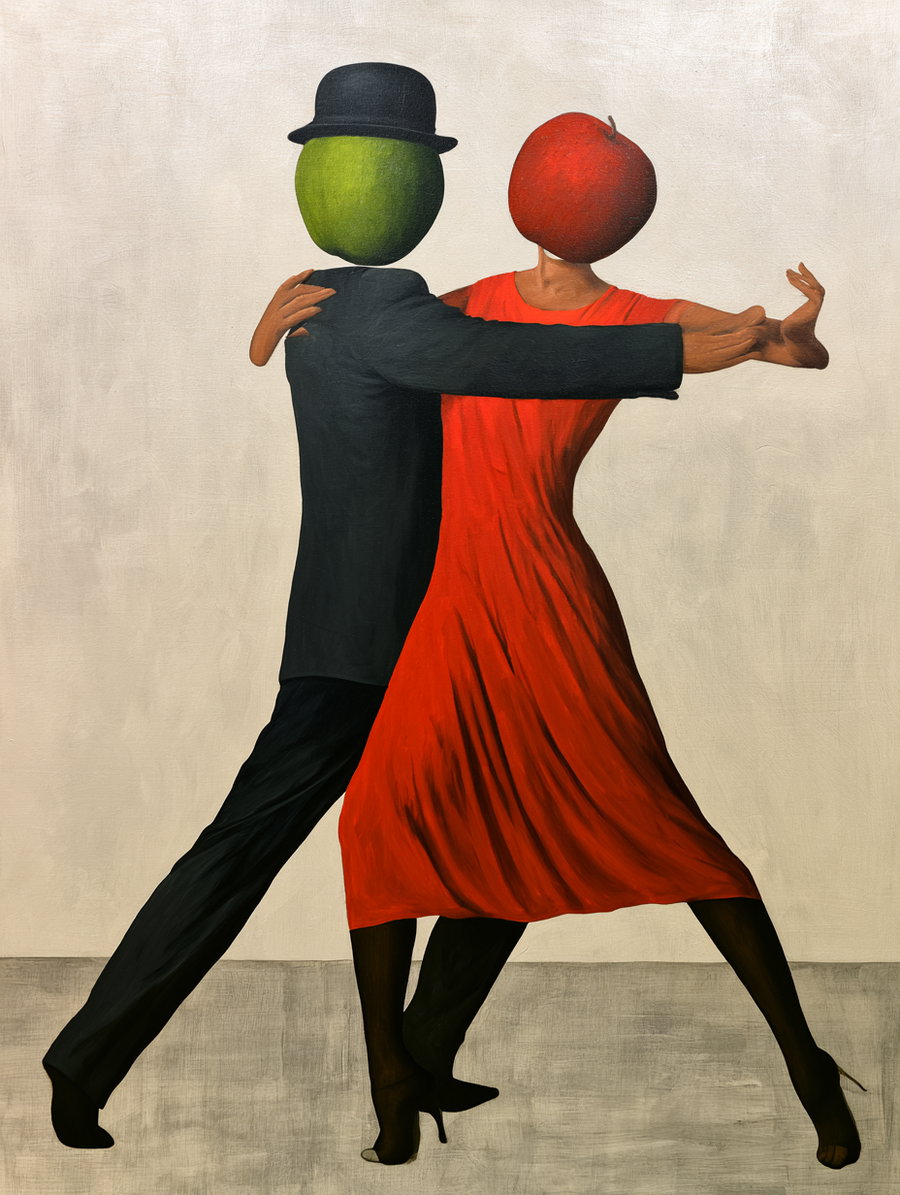 A surrealist painting showing a couple dancing, the man with a green apple as a head and wearing a black suit and bowler hat, and the woman with a red apple as a head wearing a red dress and black stockings against a plain background.